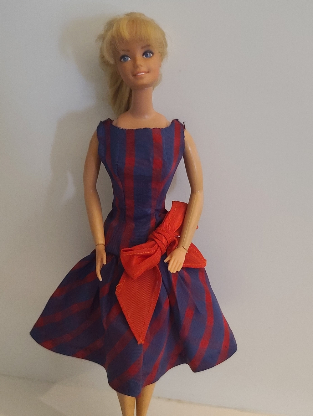 Vintage Mattel Barbie Plaid Beau Time Dress 1966 Blue and Red with Bow #1651